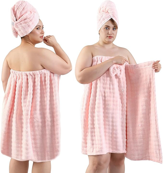 REDKISS Pink Towel Wrap for Women, XL Spa Shower Wrap with Hair Towel, Super Absorbent Bath Towels Robe for Body, Adjustable Microfiber Plush Bathrobe for Girls, Warmth Velcro Plus Size Wraps Towels