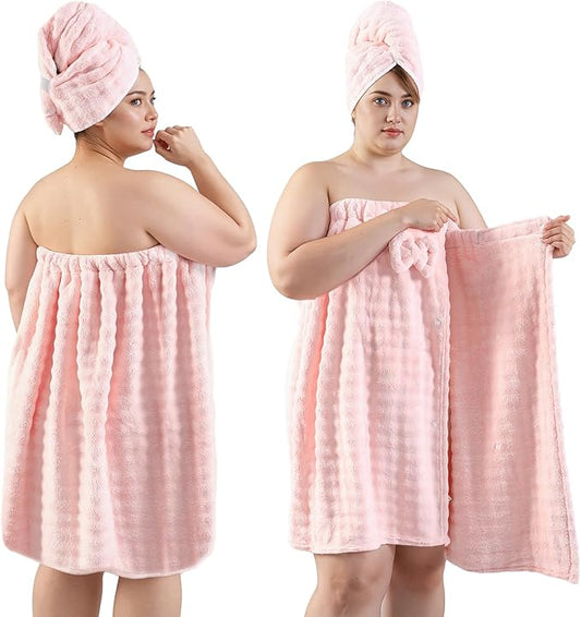 REDKISS Pink Towel Wrap for Women, XL Spa Shower Wrap with Hair Towel, Super Absorbent Bath Towels Robe for Body, Adjustable Microfiber Plush Bathrobe for Girls, Warmth Velcro Plus Size Wraps Towels