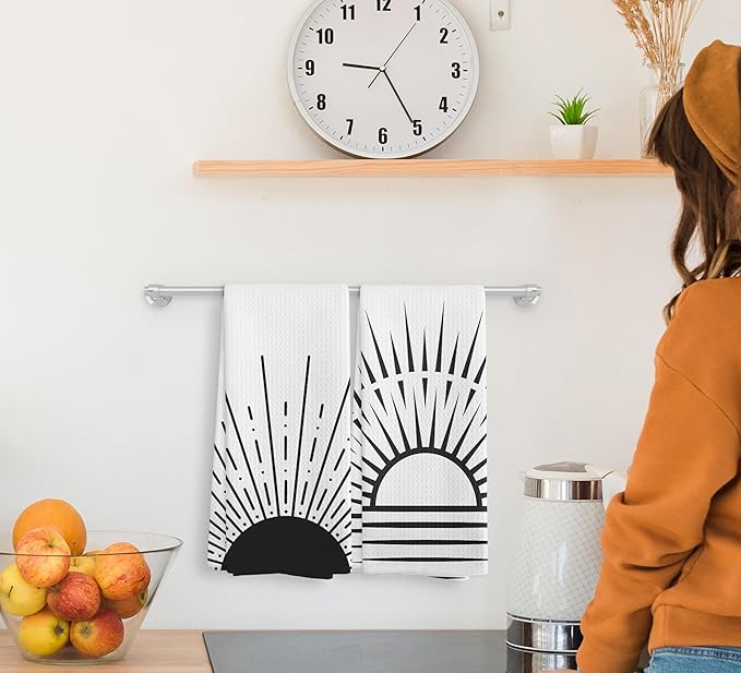 Minimalist Boho Black Sun Rising from Ocean Vintage Sunburst Sunshine Kitchen Towels and Dishcloths Sets of 2,Boho Absorbent Drying Cloth Hand Towels Tea Towels for Bathroom Kitchen,16×24 inches