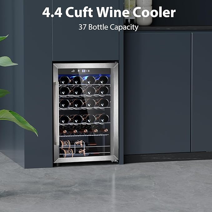 4.4 Cu.ft Wine Cooler Refrigerator, 37 Bottle Freestanding Cabinet Wine Cellars, Wine Fridge with Glass Door for Home Use, Protecting Your Reds, Silver
