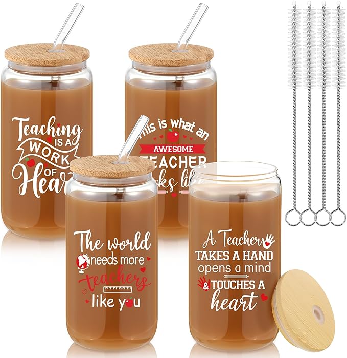 4 Pcs 16 oz Christmas Teacher Gifts for Women Teacher Appreciation Gifts Thank You Coffee Cup Tumbler Drinking Glass Beer Cups with Bamboo Lids Glass Straw Cleaning Brush for Employee Staff(Inspiring)