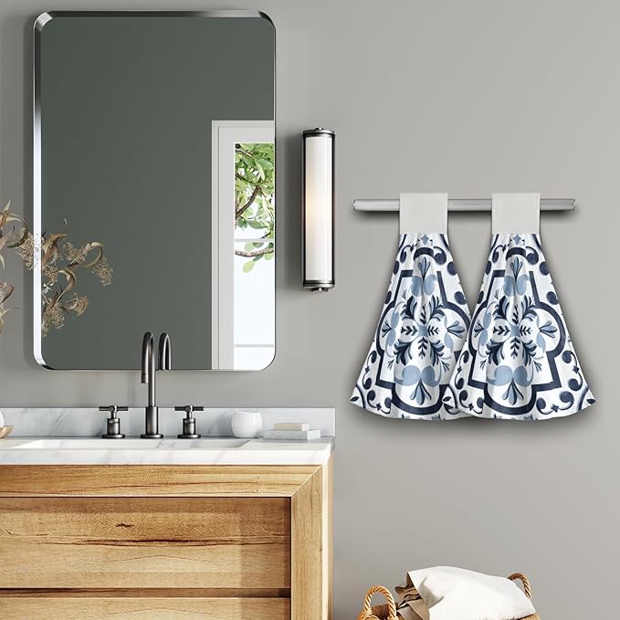 Giwawa Navy Flower Kitchen Hand Towels Modern Boho Hanging Tie Towels Fast Drying Dish Cloth with Loop 2 PCS for Bathroom Restroom Home Decor