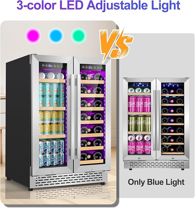24 Inch Wine and Beverage Refrigerator，90 Can & 21 Bottle Dual Zone Wine Fridge Cooler, Built-In or Under Counter Fridge with 3 LED, Fast Cooling & Low Noise for Home/Kitchen