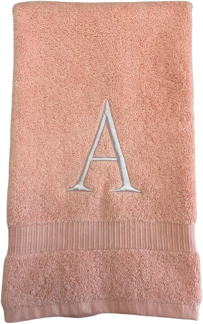 Pink Initial Hand Towel for Bathroom - Monogrammed Luxury Hotel Quality Decorative Embroidered Towel for Powder Room, Spa - GOTS Organic Certified - Set of 2 Letter A