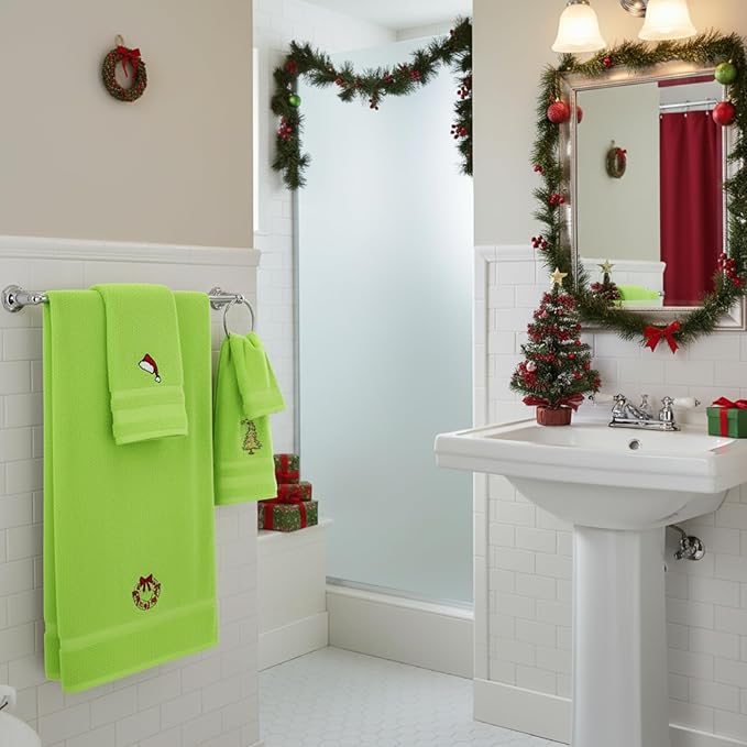 Peryiter 6 Pack Cotton Christmas Green Bath Towels Set Bright Green Christmas Towels Bathroom Set, Soft and Absorbent, Contains 2 Bath Cloth, 2 Hand Cloth and 2 Washcloths