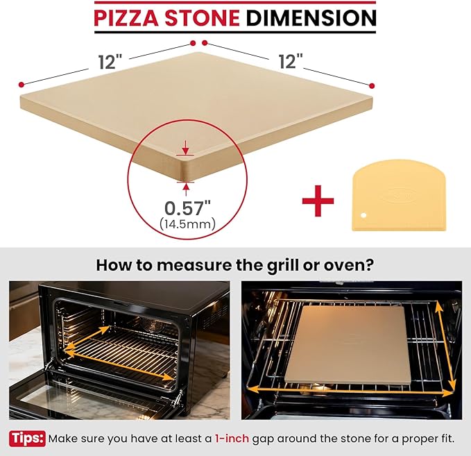 Unicook Pizza Stone for Oven and Grill, 12 inch Square Bread Baking Stone, Cordierite Baking Pan, Thermal Shock Resistant, Making Crispy Crust Pizzas, Bread, Cookie and More