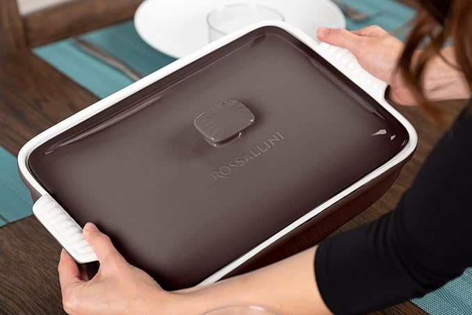 Stoneware Casserole Dish Bakeware Set with Lid, Covered Rectangular Dinnerware, Extra Large 4.23 Quart, 13 by 9 Inch, Oyster