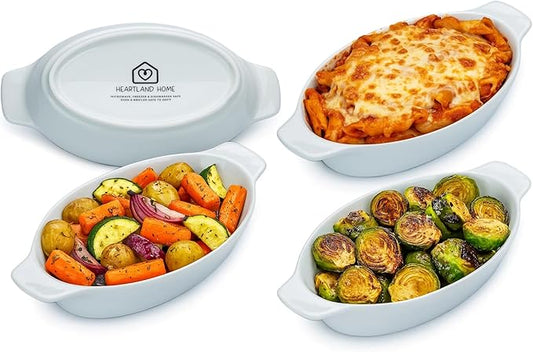 Heartland Home Porcelain Mini Casserole Dish Oval Au Gratin Dish (4pc Set). Cauliflower Baking Dish, Banana Split Bowls, Single Serving Dishes, Small Individual Gratin Dishes Set