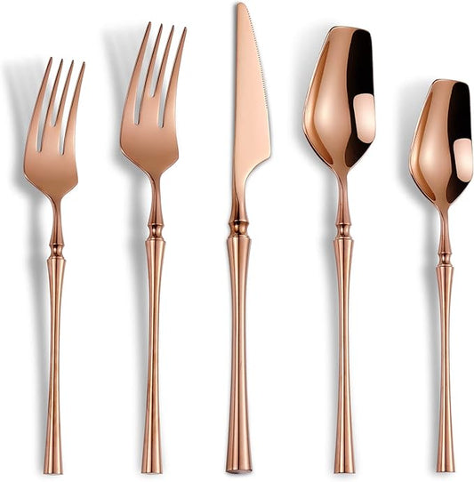 Lemeya 20-Piece Rose Gold Silverware Set for 4,Modern 18/10 Stainless Steel Flatware Set,Unique Rustic Cutlery Utensils Set,Spoon and Fork Set for Home, Restaurant,Mirror Polished,Dishwasher Safe