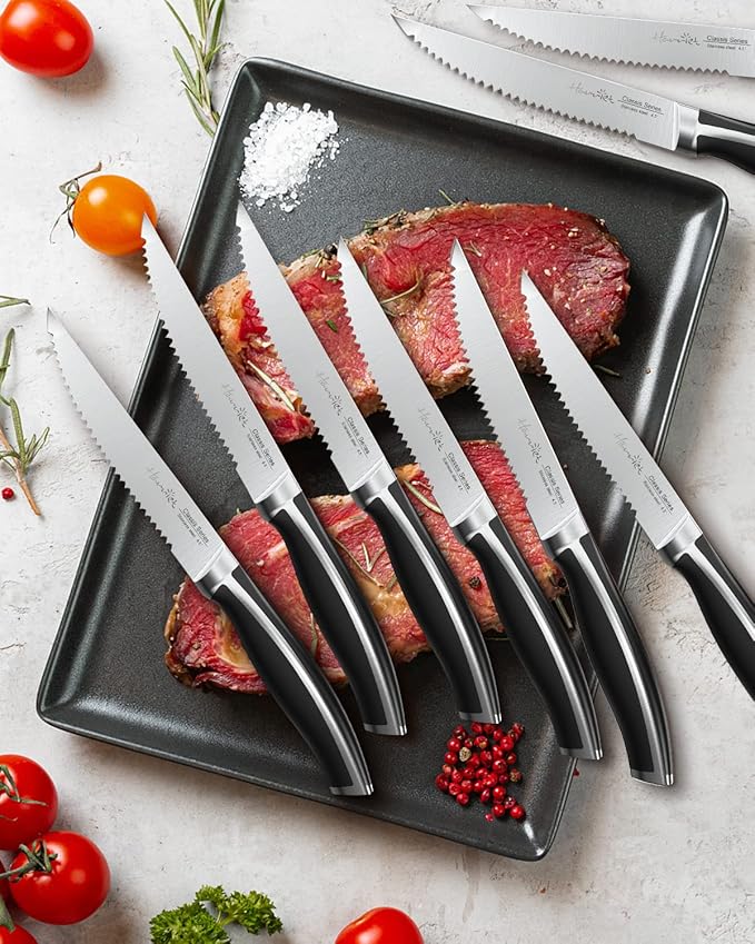 harriet Steak Knives Set of 8, 4.5" Steak Knives, Full Tang Premium Stainless Steel Serrated Steak Knives Set with Gift Box, Dinner Knives, Midnight Black Handle