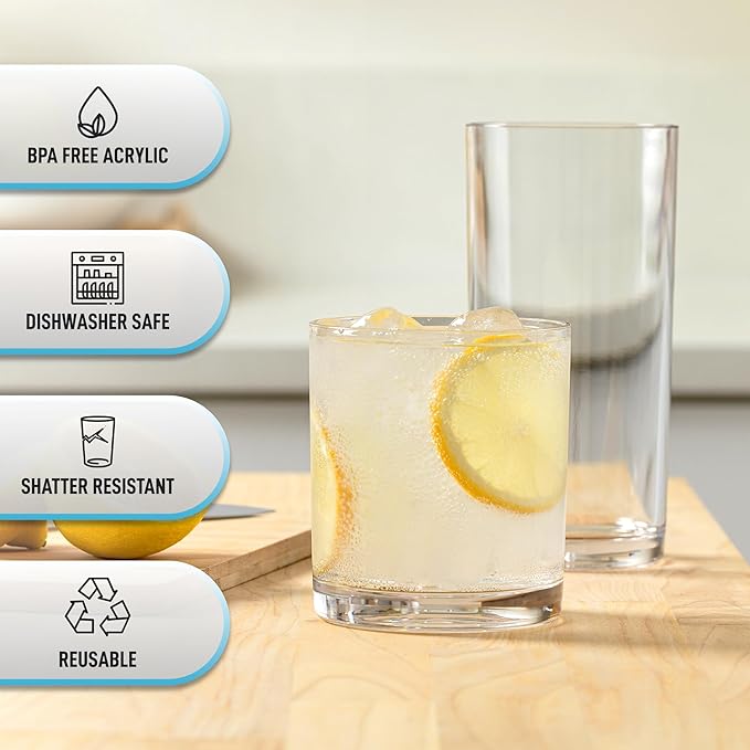 Zulay Kitchen Acrylic Plastic Glasses Drinkware - 16 Piece Unbreakable Drinking Glasses - BPA-Free, Reusable Plastic Tumblers for Home & Outdoors - Stackable, Lead-Free & Dishwasher Safe - (12&16oz)