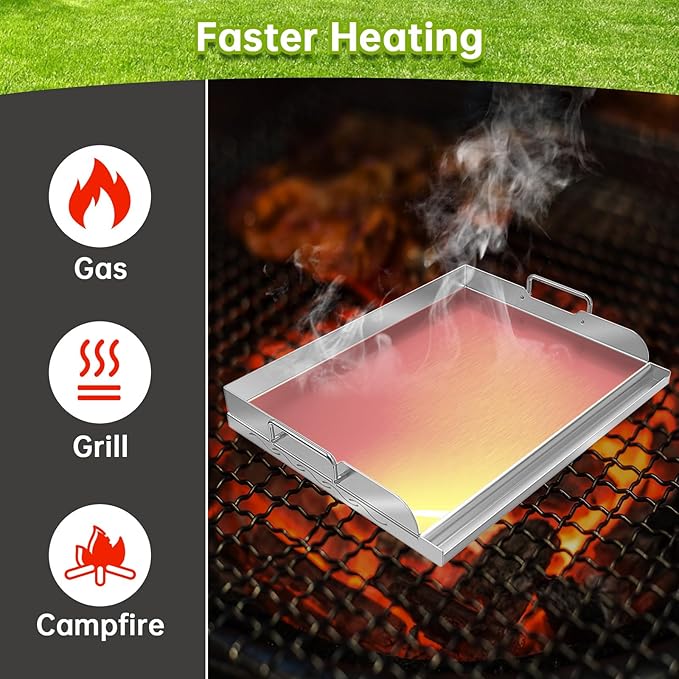 Universal Stainless Steel Griddle Flat Top Plate with Even Heating Bracing for BBQ Charcoal and Gas Grills, Camping, Tailgating, and Parties,with Grease Groove and Removable Handles (17" x 13")