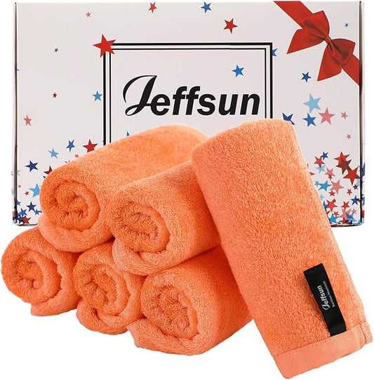 Face Towels 6 Pack, Extra Large 13x13 inch Orange Wash Cloths for Face and Body, Super Soft and Absorbent Bath Washcloths on Sensitive Skin, Easy to Clean Quick Dry Facial Cleaning Cloths with Loop