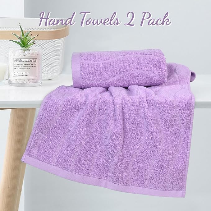 2-Piece Cotton Hand Towels Lavender, Ultra Soft and Highly Absorbent Towels for Bathroom, Small Size 13 x 29 Inches, Wavy Stripe Jacquard