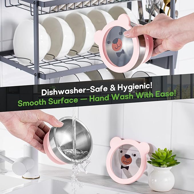 Suction Bowl and Spoon Set for Babies and Toddlers Non-Slip Silicone Suction Cups, Advanced 304 Stainless Steel Bowls, Double-Layer Insulation, and BPA-Free Lids Food-Grade Safety PINK