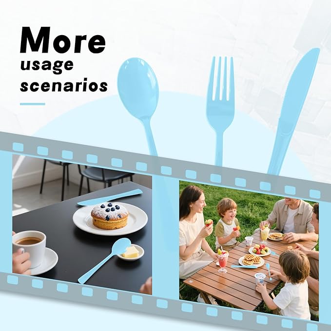 300 Pack Disposable Plastic Silverware, Heavy Duty Light Blue Plastic Cutlery Set Includes 100 Forks 100 Knives 100 Spoons for Birthday Wedding Party Picnics (300, Light Blue)