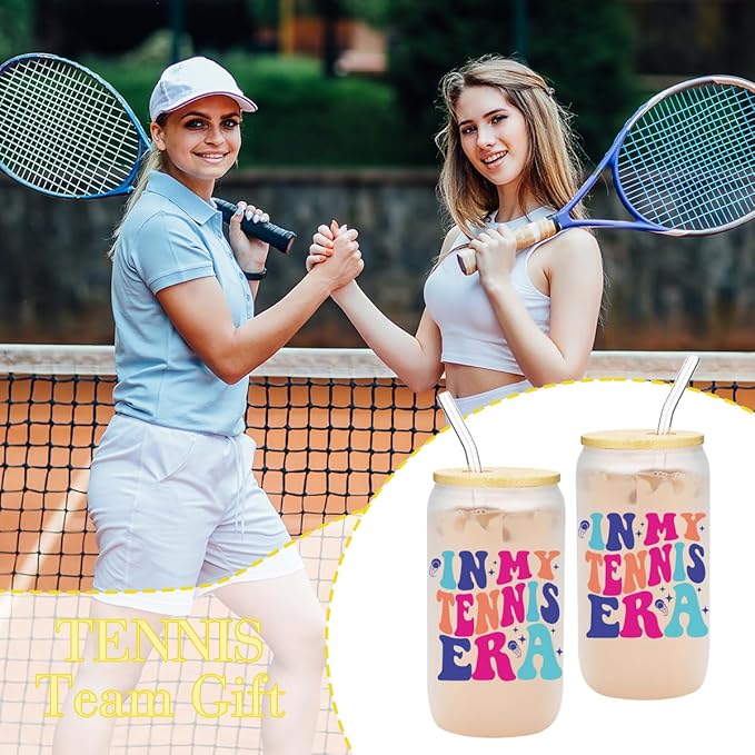 Tennis Gifts for Women, Iced Coffee Cup, Tennis Party Decorations, 16 oz Coffee Glass Cups with Lids Straws, Tennis Accessories, Tennis Stuff, Christmas Gifts for Women Coach Tennis Lovers Teams