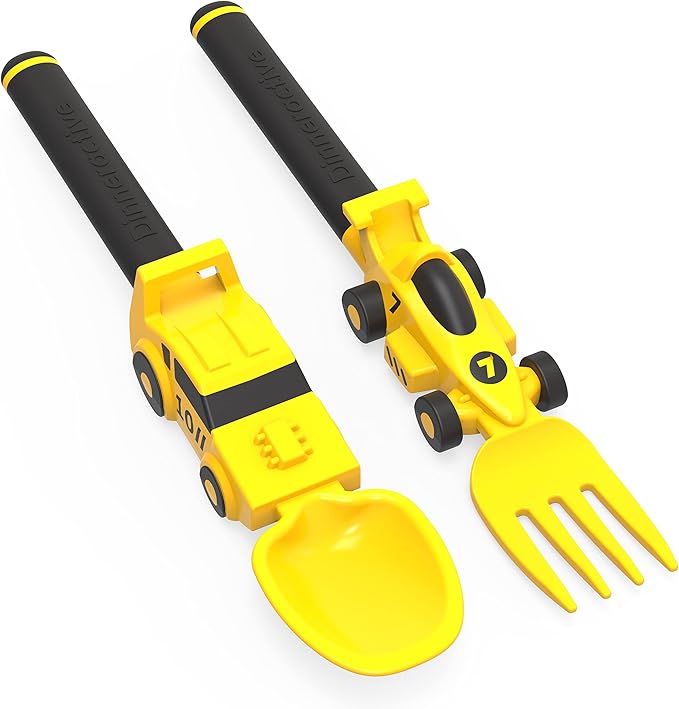 Dinneractive Utensil Set for Kids – Yellow Race Car Themed Fork and Spoon for Toddlers and Young Children – 2-Piece Set