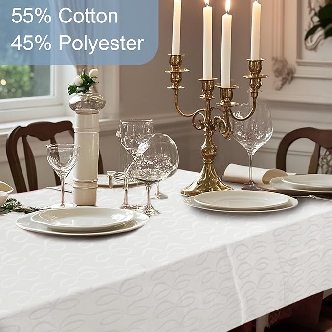 Wedding Tablecloths, 1PC Washable Table Cover for Rectangle Tables 60"x102" (8-10 Seat) - Cotton Polyester | Reusable | Wrinkle/Fade Resistant, White Table Cloth for Party & Banquet, Bow Jacquard