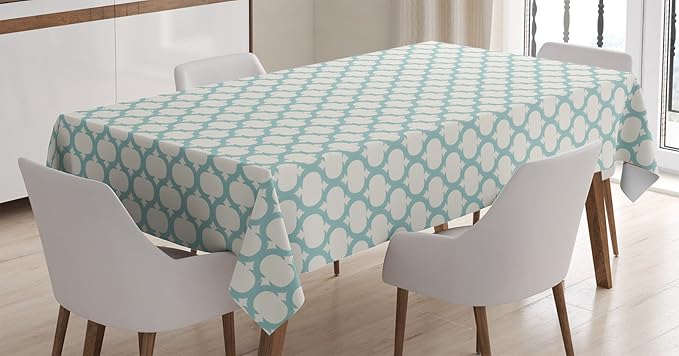 Ambesonne Ikat Tablecloth, Mesh Patterns and Lines on Vintage Backdrop Retro Ikat Style Boho Print, Dining Room Kitchen Rectangular Table Cover, 52" X 70", Turquoise Cream