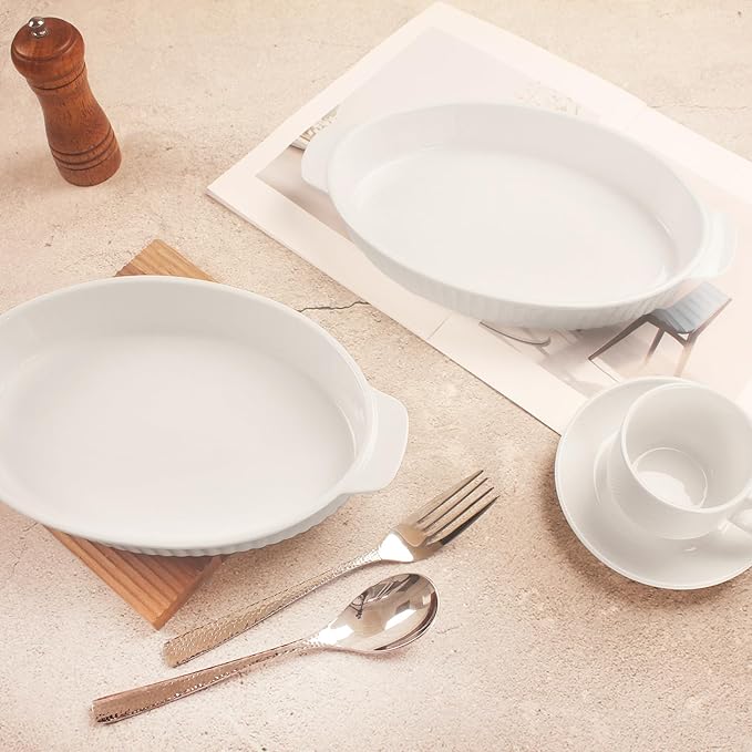 10 x 7 Inch Oval Au Gratin Baking Dishes, Set of 2, Porcelain Baking pan Oven Safe, Roasting Lasagna Pans, for Casserole Dish, Pie Plate, Baking, scalloped potatoes, shepherds pie