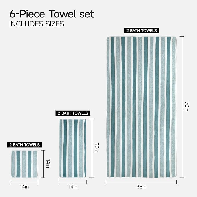 REDKISS Ultra Soft Bath Towel Set 6-Piece 35"x70" | 100% Microfiber, Highly Absorbent | Quick Dry Towels for Bathroom, Spa, Gym | 2 Bath, 2 Hand, 2 Washcloths | Green