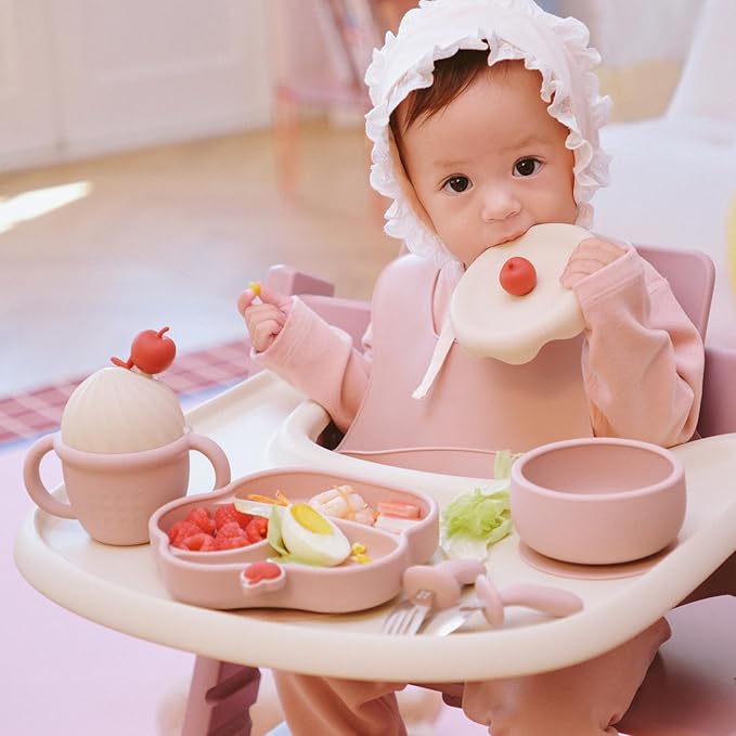 Silicone Baby Feeding Set, Gelato Collection Baby Led Weaning Supplies, First Self-Feeding Set with Suction Bowl & Plate, Sippy Cup & Bib, Fork & Spoon,