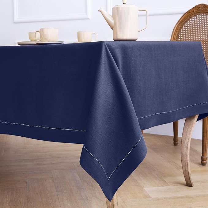 Solino Home Linen Tablecloth 60 x 108 Inch - Classic Hemstitch 100% Pure Linen Navy Blue Table Cloth for Rectangle Tables - Machine Washable Tablecloth for Winter, New Year