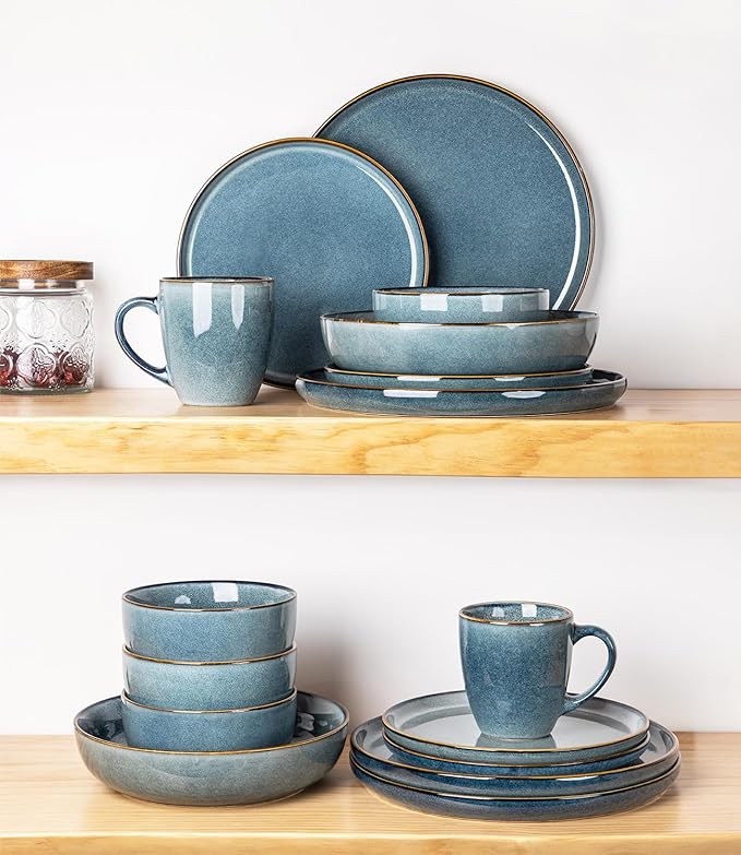 GBHOME Ceramic Dinnerware Sets for 4, 12 Pieces Stoneware Plates and Bowls Sets, Reactive Glaze Dishes -Scratch Resistant, Dishwasher&Microwave Safe, Space Blue