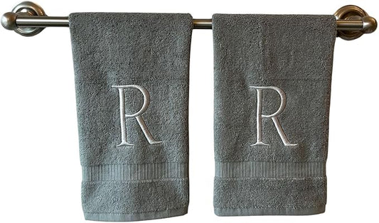 Gray Initial Hand Towel for Bathroom - Monogrammed Luxury Hotel Quality Decorative Embroidered Towel for Powder Room, Spa - GOTS Organic Certified - Set of 2 Silver Letter R