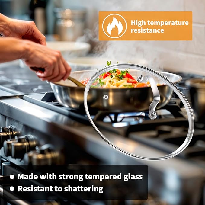 12" Tempered Glass Pan Lid with Steam Vent, Thickened to 4mm and Dishwasher Safe and Oven up to 480℉, Universal Lid Fit for Cast Iron Skillets, Frying Saute Pan, Cooking Pot