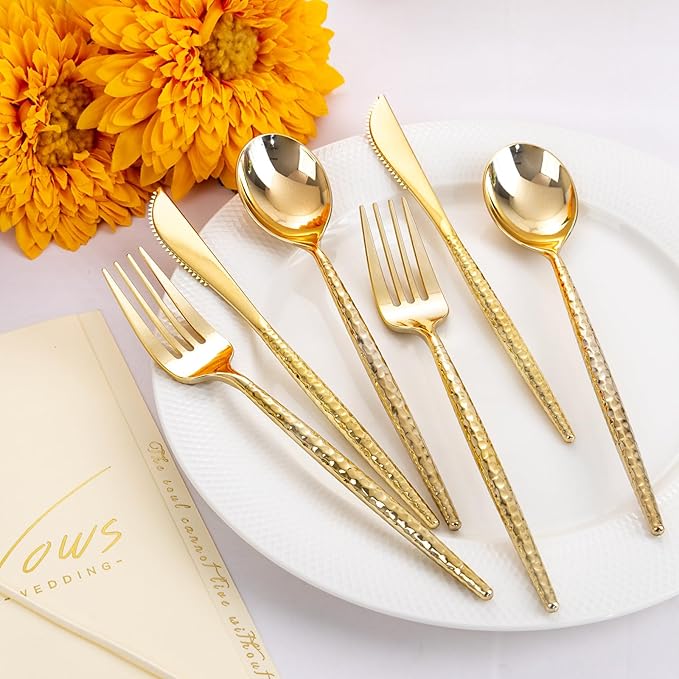Rubtlamp 180 Pcs Gold Plastic Silverware - Disposable Plastic Utensils - Hammered Plastic Forks And Spoons - Gold Plastic Cutlery Set Include 60 Forks, 60 Knives And 60 Spoons for Party