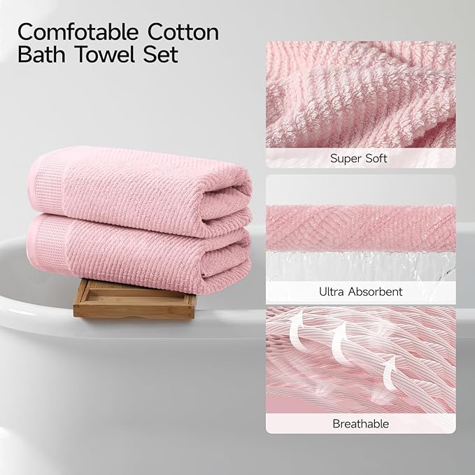 REDKISS Luxury 8-Piece Pink Towel Set, 2 Bath Towels, 2 Hand Towels, 4 Washcloths, 100% Cotton, Quick Dry, Highly Absorbent Towels for Bathroom, Gym, Hotel, Spa