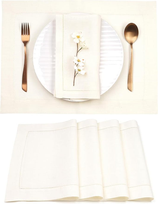 D'Moksha Homes Linen Placemats Set of 4 - Classic Hemstitch Ivory Placemats 14 x 19 Inch - 100% Pure Linen Table Mats for Winter, Holiday, New Year - Handcrafted and Machine Washable