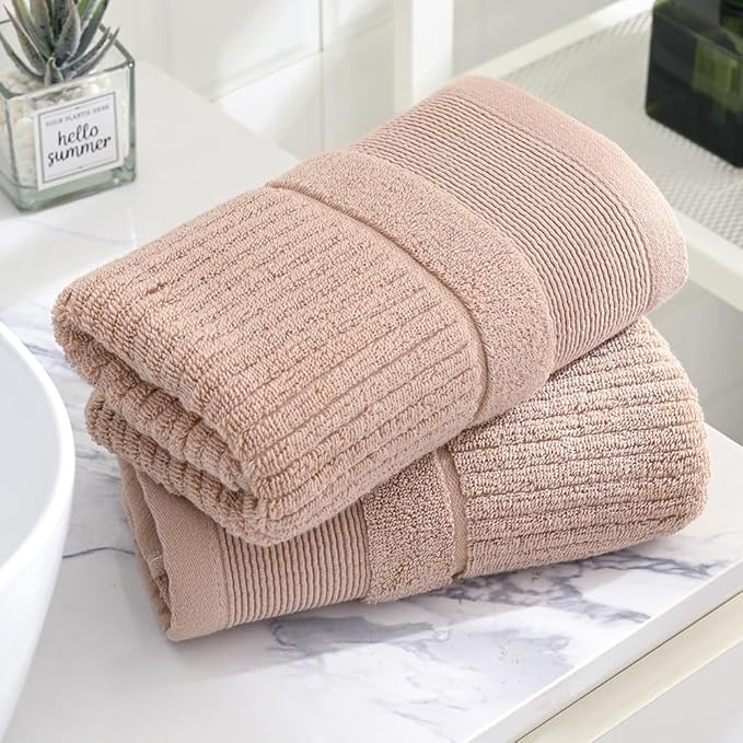 sense gnosis Khaki Hand Towel Soft Ribbed Striped Pattern 100% Cotton Absorbent Luxury Decorative Towel for Bathroom 13 x 29 Inch, 2 Pieces