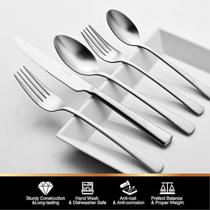 KINGSTONE Silverware Set for 8, 40-Piece 18/10 Stainless Steel Flatware Set,Forged Cutlery Set Matte Satin Finish, Dishwasher Safe