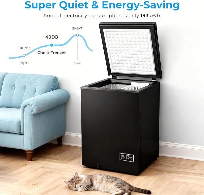 Antarctic Star Chest Freezer 3.2 Cubic Feet 14℉ to -40℉ Low Temperature Freezer with Removable Basket, Free Standing Top open Door Deep Freezer,Adjustable Temperature for Home,Basement, Kitchen, Black