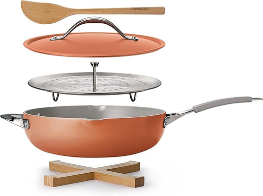 Tramontina All-in-One Plus Pan Set, 5-Quart Ceramic Non Stick Cooking Pan with Lid, Steamer Insert, Bamboo Utensil and Trivet, Orange