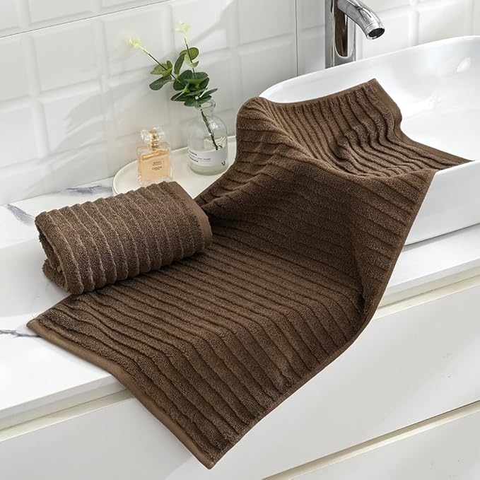 sense gnosis Super Soft Luxury Hand Towel Stereoscopic Ladder Striped Design 100% Cotton Absorbent Decorative Hand Towel for Bathroom 13 x 29 Inch (Brown, 2 Pack)