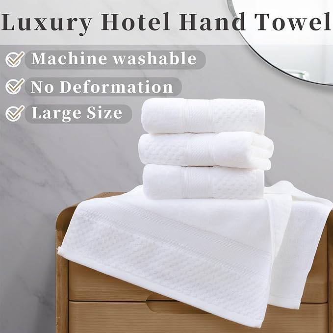VOOVA & MOVAS Luxury Hotel-Grade Hand Towels 4PC (18"X30",500GSM)- 100% Cotton, Ultra-Soft & Highly Absorbent, Long-Lasting Durability, Machine Washable Towel Set for Bathroom,Solid White