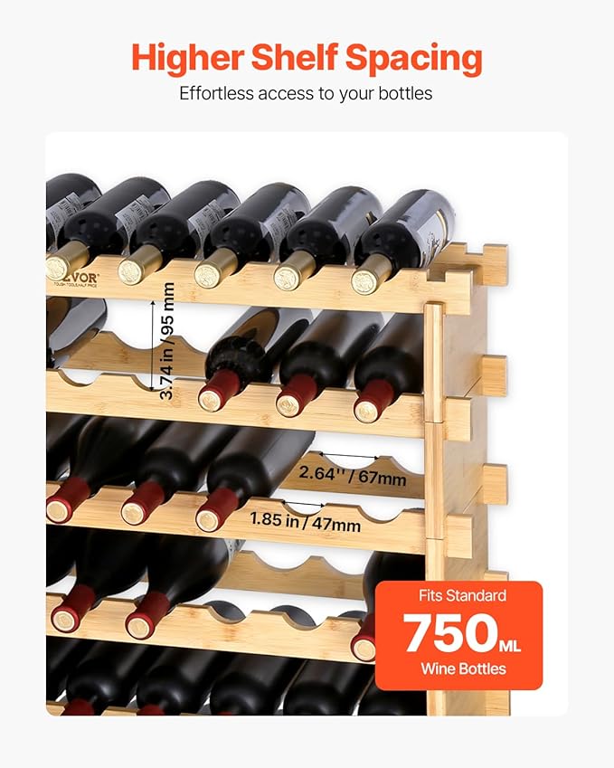 VEVOR 8-Tier 72 Bottles Stackable Modular Wine Rack, Freestanding Wines Holder Display Shelf, Solid Bamboo Wood Storage Racks, Wobble-Free Shelves for Kitchens, Dining Rooms, Cellars, Natural Color