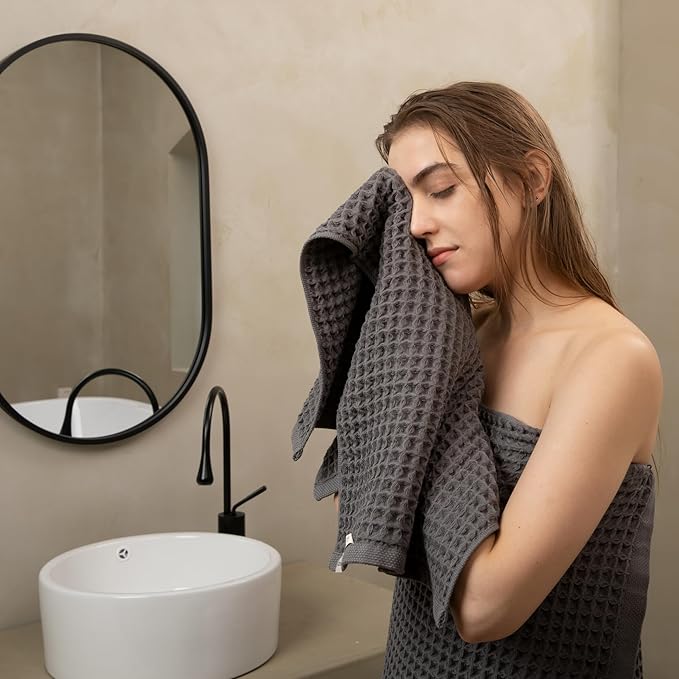 Luxury Organic Japanese Cotton Waffle Bath Towel | Thick, Absorbent, Quick Dry Bathroom Towels for Shower, Sauna, Onsen| Hotel & Spa Quality, Gift-Ready (Smoke Grey, Hand Towel (3 Pack))