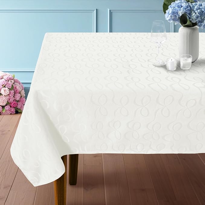 White Table Cloths for 9 Foot Rectangle Tables (60"x120", Seats 10-12) - Cotton-Polyester Blended, Washable & Reusable - 1PC White Tablecloth for Banquet, Party & Dinner, Table Cover with Bow Jacquard