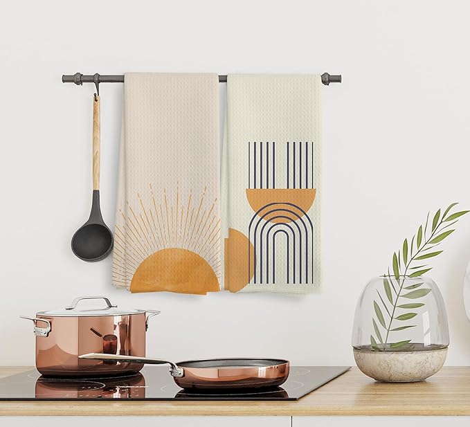 Boho Black Sun Sunrise Sunshine Rainbow Kitchen Towels and Dishcloths Sets of 2,Bohemian Absorbent Drying Cloth Hand Towels Tea Towels for Bathroom,Boho Gifts for Women Girls,16×24 inches (orange2)