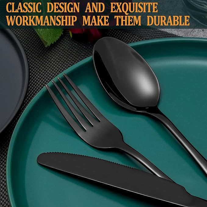 20 Pcs Black Silverware Set, Stainless Steel Flatware Set for 4, Food-Grade Cutlery Set, Mirror Polished Tableware Eating Utensils Set for Home Kitchen, Include Knife Fork Spoon Set, Dishwasher Safe