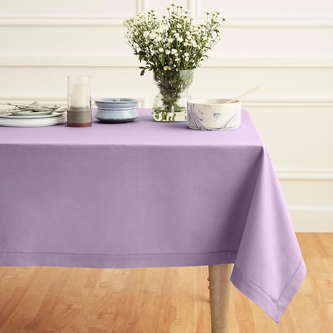 Solino Home Cotton Linen Tablecloth for Rectangle Tables 58 x 120 Inch - Hemstitch Lavender Ice Table Cloth - Machine Washable Cloth Tablecloth for Valentines