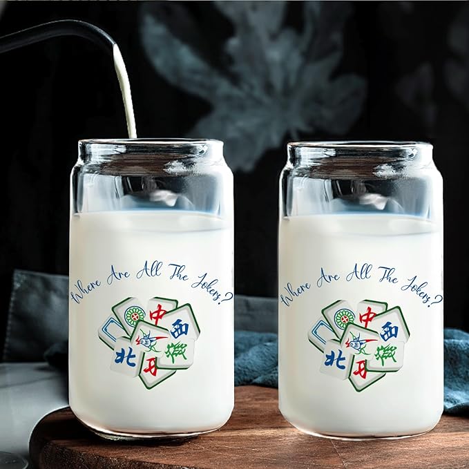 Chinese Mahjong Glass Cup with Lids and Straws 14oz, Gifts for Mahjong Players Lovers, Mah Jong Accessories Glass Iced Coffee Tumbler Drinking Jars with Cleaning Brush