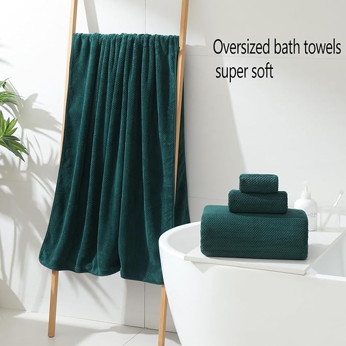 YTYC 29x59 Inch Bath Towels Set of 6 Large, Super Soft Absorbent Lint Free Microfiber Towels for Bathroom 80% Polyester (Dark Green, 6 Piece)