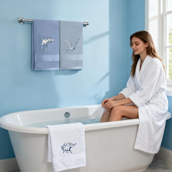 3 Pcs Dinosaur Decorative Hand Towels for Bathroom 13.5x29.5in Funny Dino Embroidered Bathroom Towels, Soft Absorbent 100% Cotton Hand Towels for Bath Room Kitchen(Blue)