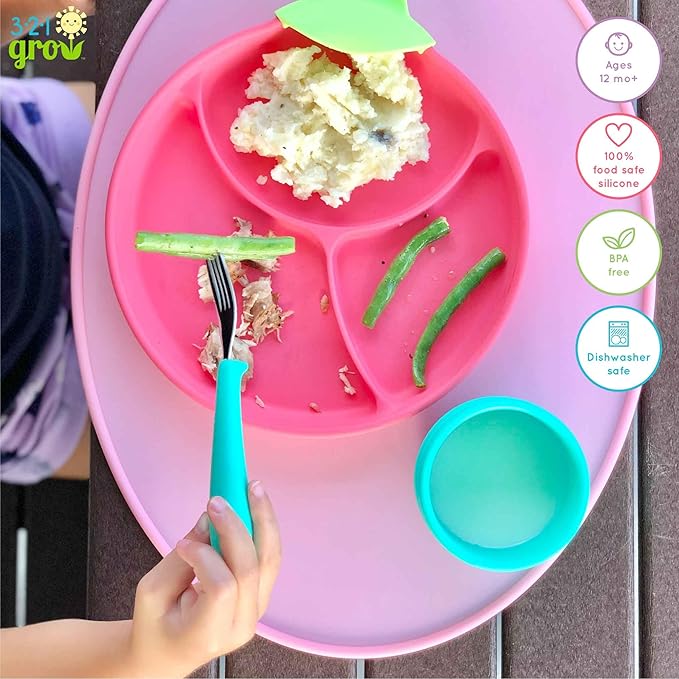 Eat with Me Spoon and Fork Set – Toddler Utensils with Easy-Grip Silicone Handles – Kid-Sized & Safe Stainless Silverware – Promotes Independent Eating – Dishwasher Safe (Grape)